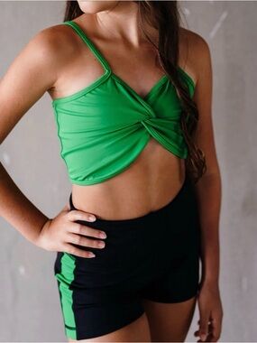 Green Twist Front Crop Top and Black Shorts Set